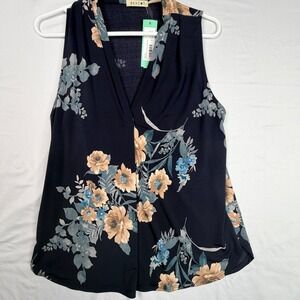 Beacon Alicia Pleat Detail Knit Top Medium Navy Floral Sleeveless V-Neck Blouse